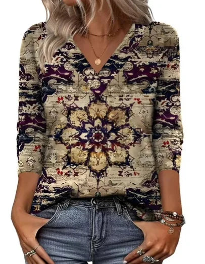 Khaki Women's V-Neck Tunic Top — Tia Three-Quarter Sleeve Floral Relaxed - Front Medallion Print