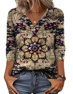 Khaki Women's V-Neck Tunic Top — Tia Three-Quarter Sleeve Floral Relaxed - Front Medallion Print