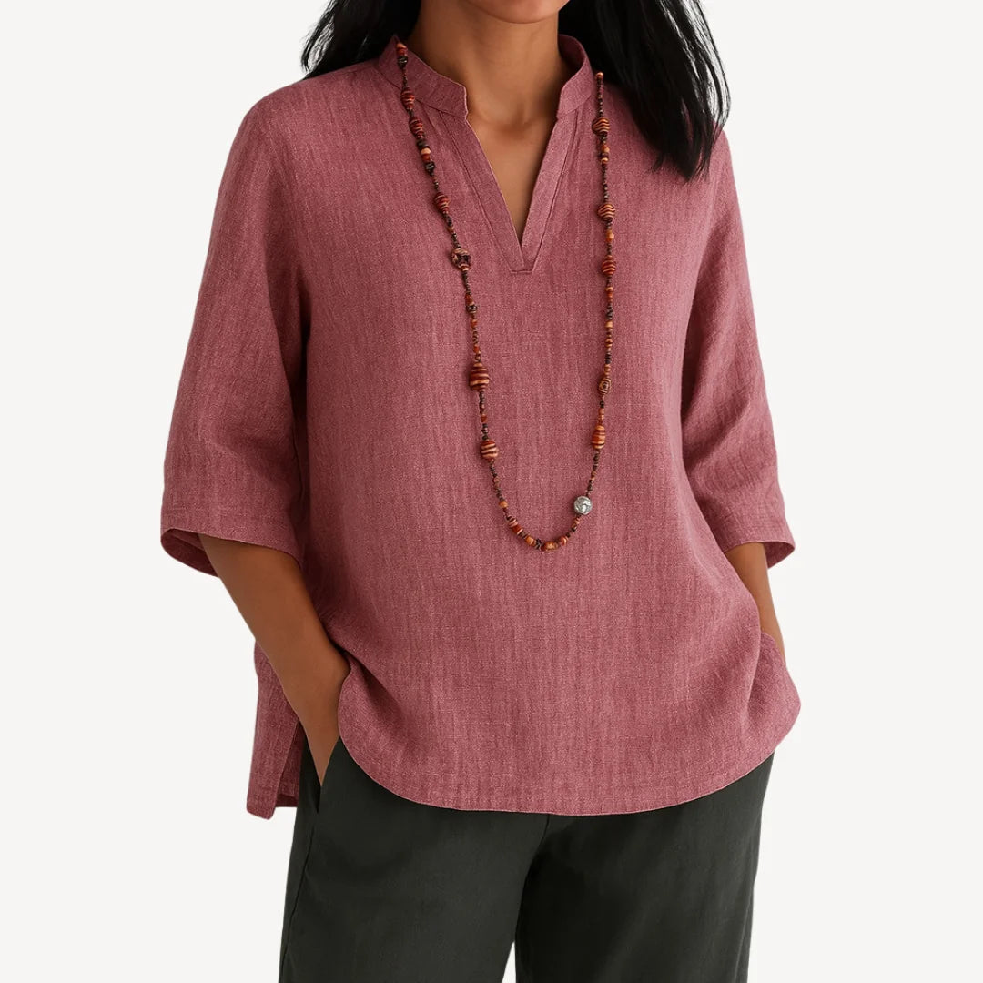 Red Women's V-Neck Tunic Top — Alexis Linen Relaxed Fit Three-Quarter Sleeve - Front Necklace Detail