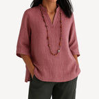 Red Women's V-Neck Tunic Top — Alexis Linen Relaxed Fit Three-Quarter Sleeve - Front Necklace Detail