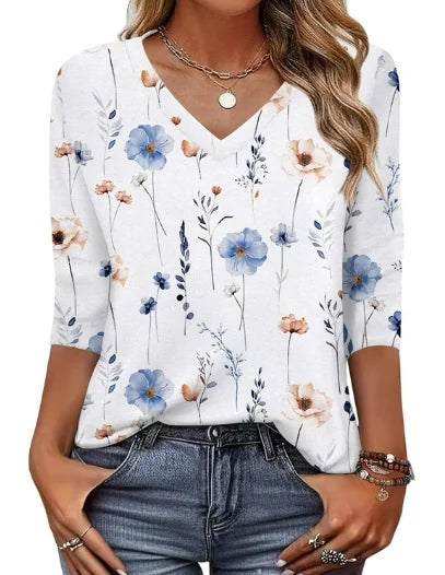 White Women's V-Neck Tunic Top — Tia Three-Quarter Sleeve Floral Relaxed - Front Full Floral