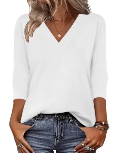 White Women's V-Neck Tunic Top — Tia Three-Quarter Sleeve Floral Relaxed - Front Solid