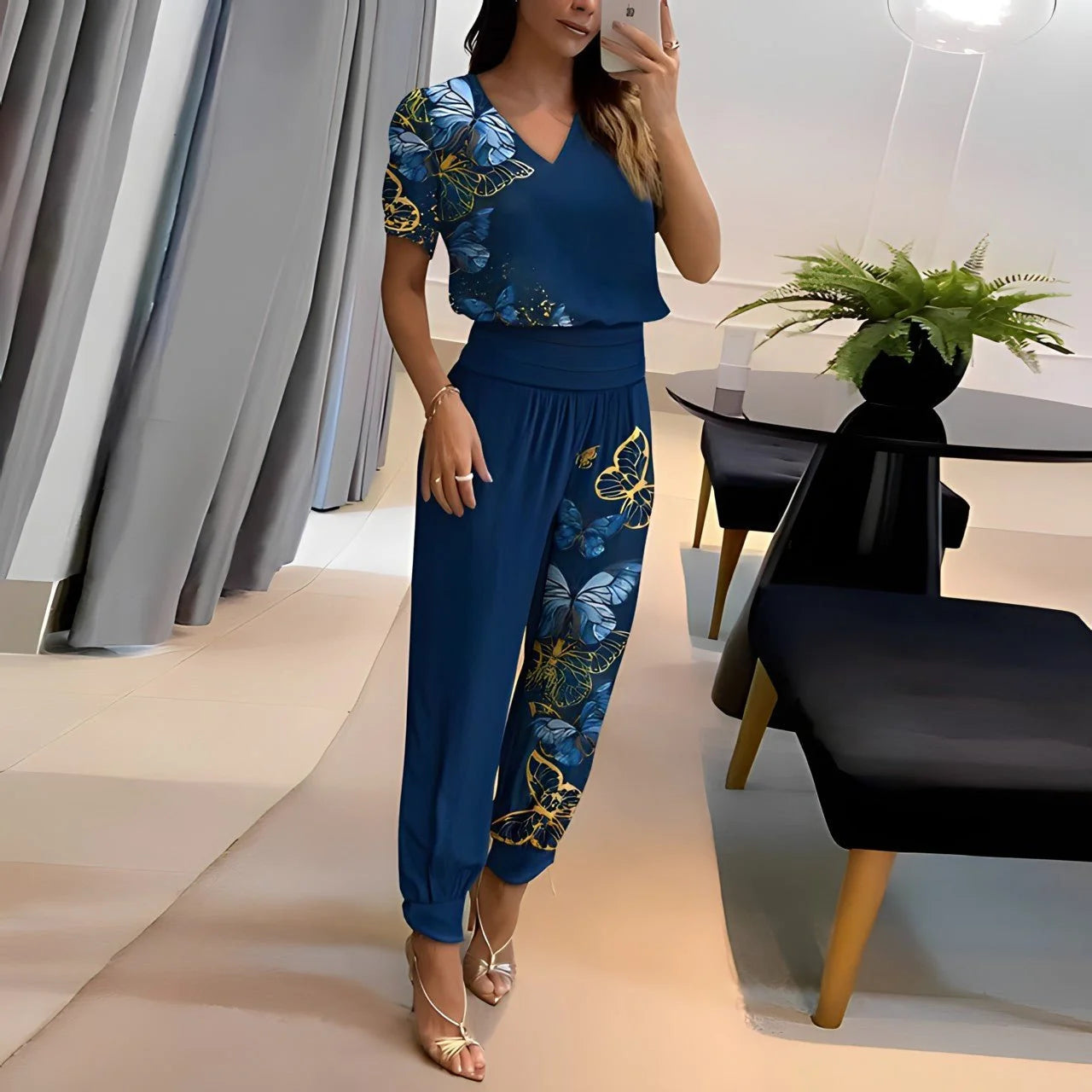 Blue Women's V-Neck Two-Piece Set — Scarlett Wide-Leg Short Sleeve Relaxed Fit - Walking Pose
