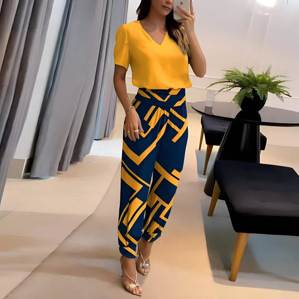 Yellow Women's V-Neck Two-Piece Set — Scarlett Wide-Leg Short Sleeve Relaxed Fit - Front Full