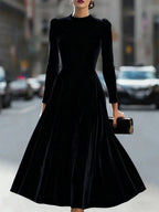 Black Women's Velvet Maxi Dress with Puff Sleeves & Relaxed Flare