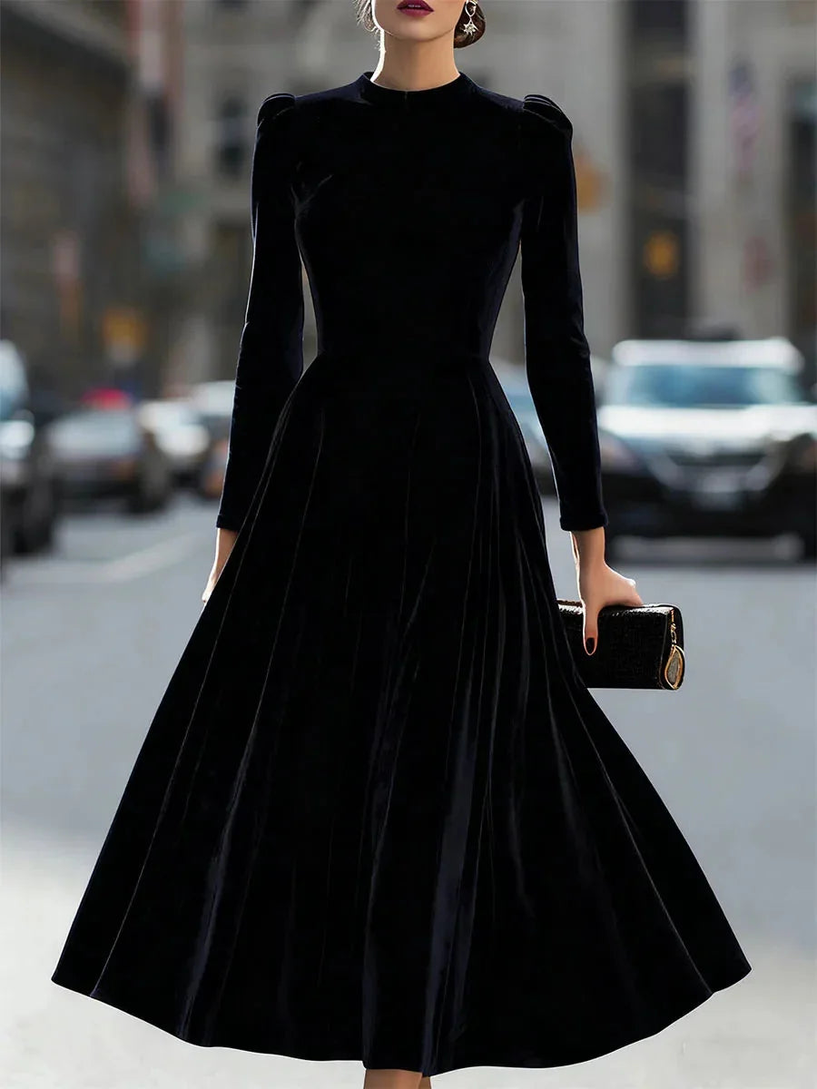 Black Women's Velvet Maxi Dress with Puff Sleeves & Relaxed Flare