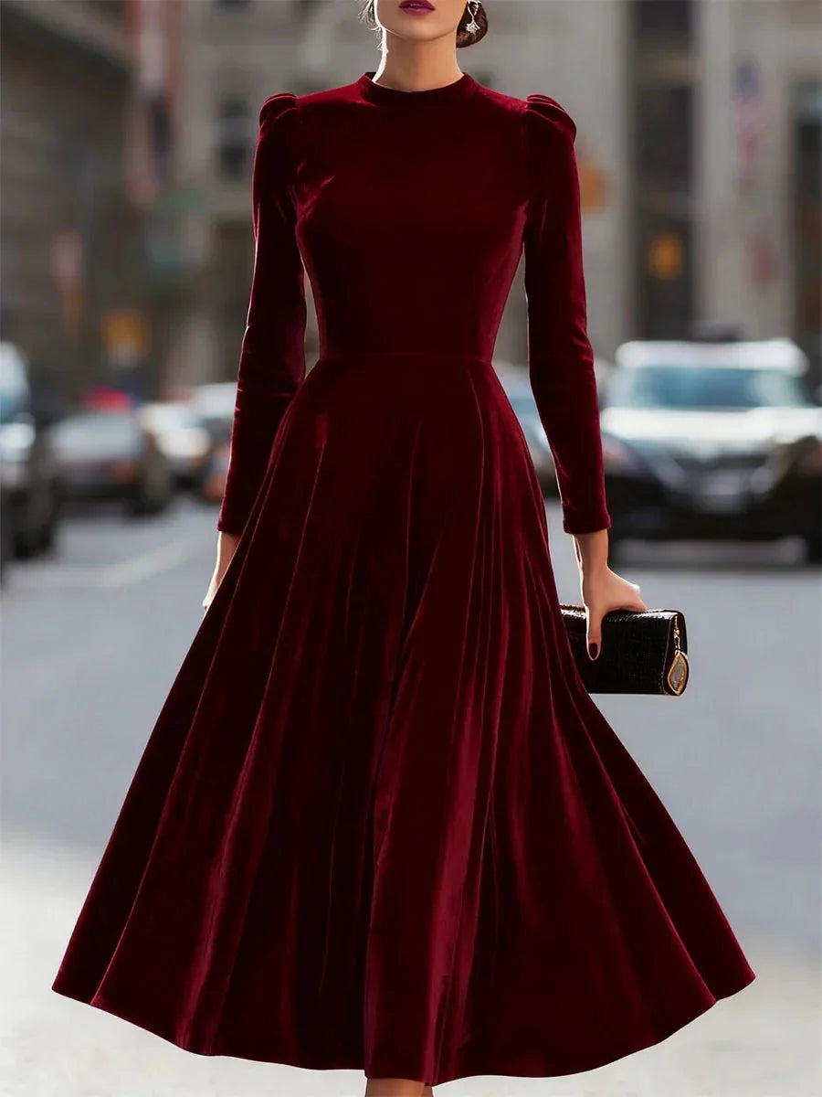 Burgundy Women's Velvet Maxi Dress with Puff Sleeves & Relaxed Flare