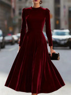 Burgundy Women's Velvet Maxi Dress with Puff Sleeves & Relaxed Flare