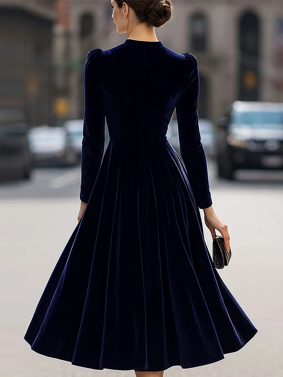 Women's Velvet Maxi Dress with A-Line Silhouette & Puff Sleeves - Back Full Pose Alt
