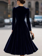 Women's Velvet Maxi Dress with A-Line Silhouette & Puff Sleeves - Back Full Pose Alt