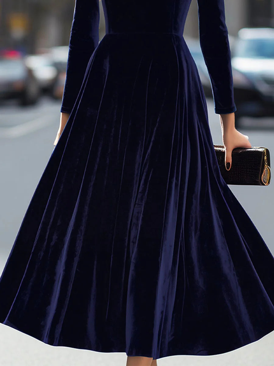 Women's Velvet Maxi Dress with A-Line Silhouette & Puff Sleeves - Back Skirt Detail Alt