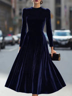 Navy Blue Women's Velvet Maxi Dress with Puff Sleeves & Relaxed Flare