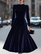 Women's Velvet Maxi Dress with A-Line Silhouette & Puff Sleeves - Front Full Alt
