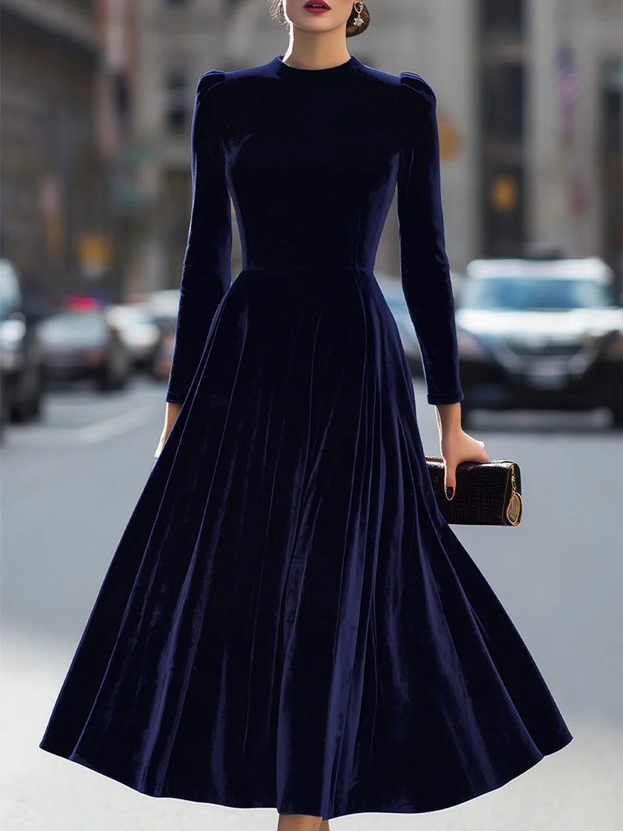 Women's Velvet Maxi Dress with A-Line Silhouette & Puff Sleeves - Front Full Alt