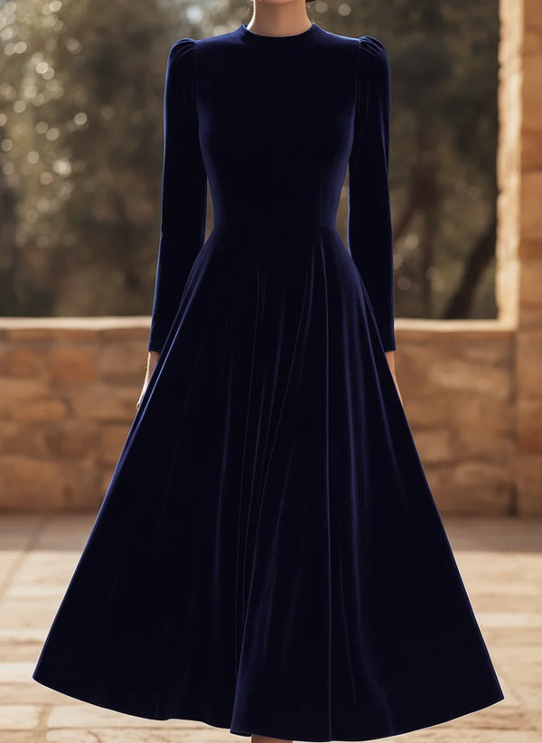 Women's Velvet Maxi Dress with A-Line Silhouette & Puff Sleeves — Margot