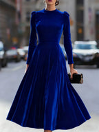 Royal Blue Women's Velvet Maxi Dress with Puff Sleeves & Relaxed Flare