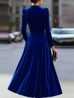 Women's Velvet Maxi Dress with A-Line Silhouette & Puff Sleeves - Blue Back Full