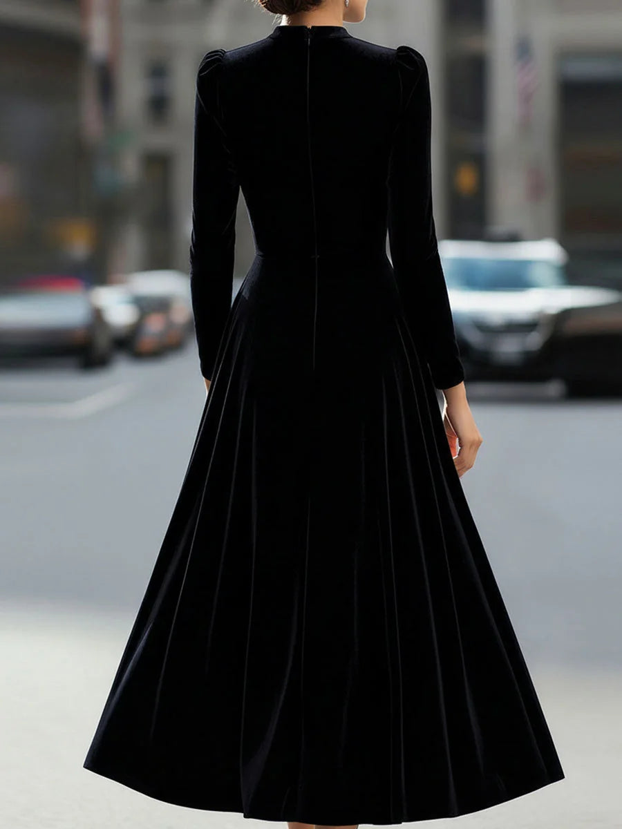 Women's Velvet Maxi Dress with A-Line Silhouette & Puff Sleeves