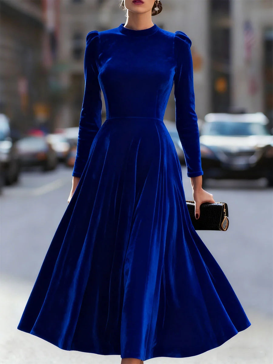 Women's Velvet Maxi Dress with A-Line Silhouette & Puff Sleeves