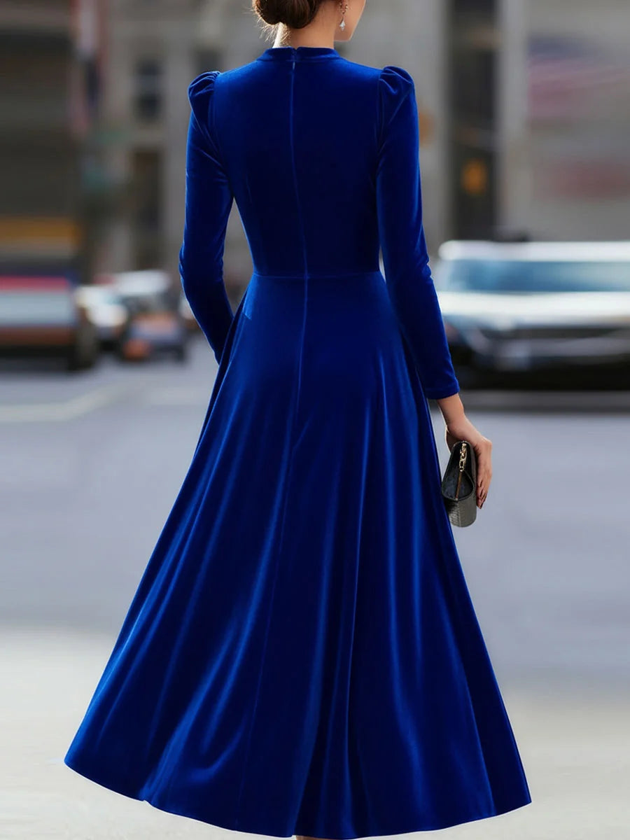 Women's Velvet Maxi Dress with A-Line Silhouette & Puff Sleeves