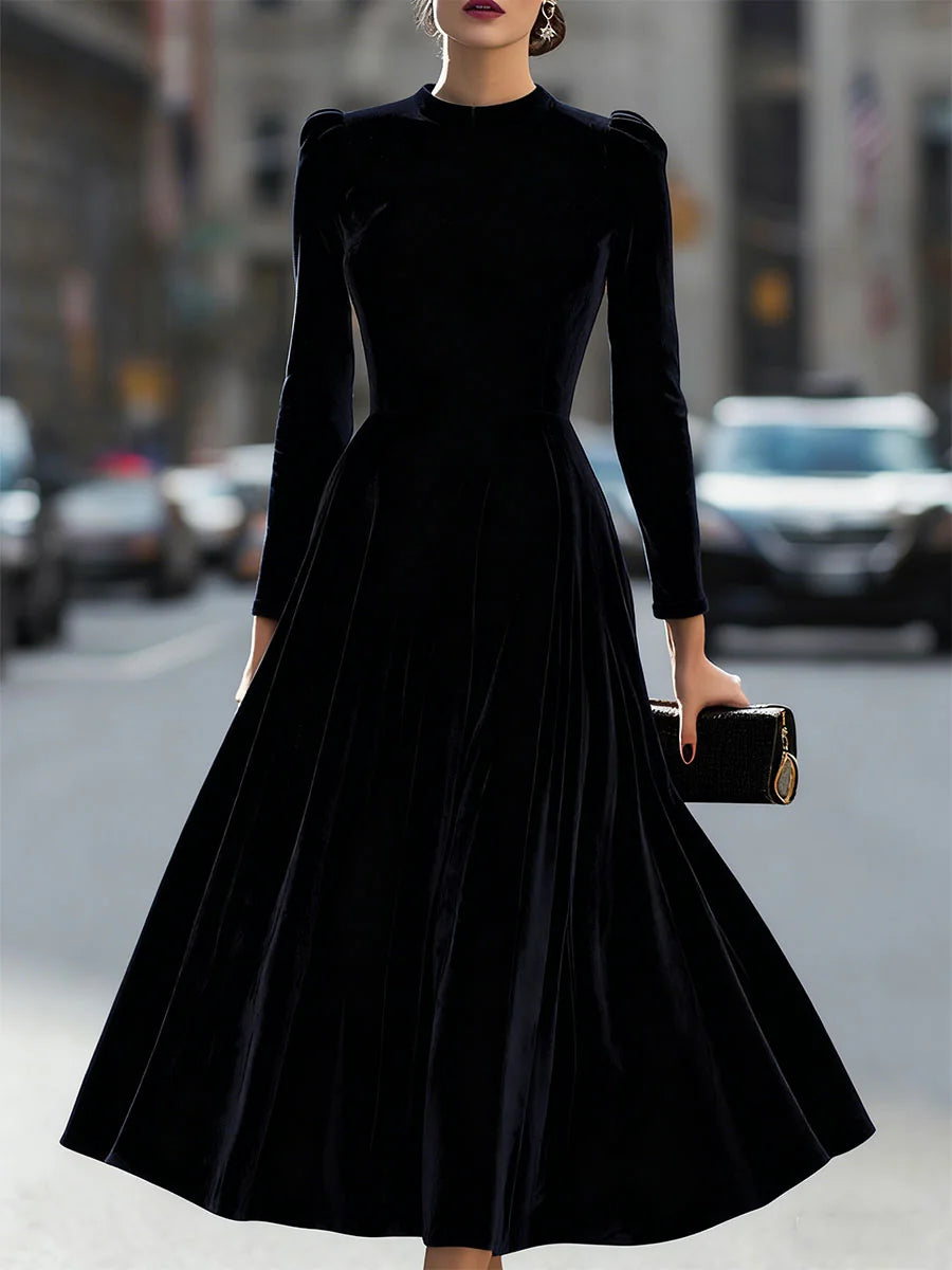 Women's Velvet Maxi Dress with A-Line Silhouette & Puff Sleeves