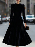 Women's Velvet Maxi Dress with A-Line Silhouette & Puff Sleeves