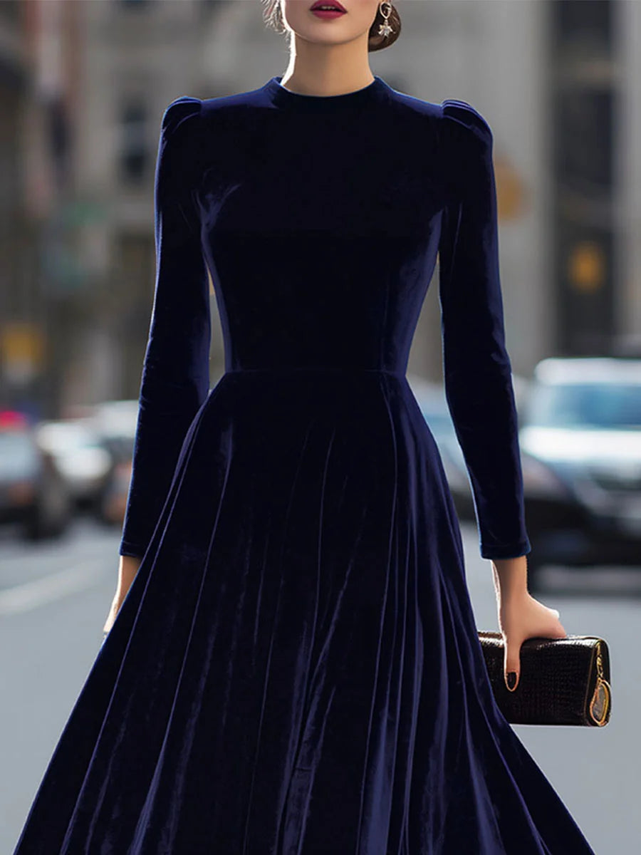 Women's Velvet Maxi Dress with A-Line Silhouette & Puff Sleeves