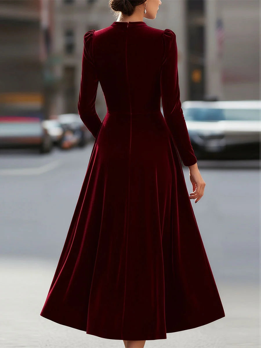 Women's Velvet Maxi Dress with A-Line Silhouette & Puff Sleeves - Back Full