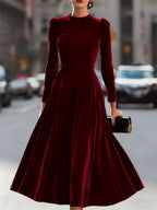 Women's Velvet Maxi Dress with A-Line Silhouette & Puff Sleeves - Front Full Alt