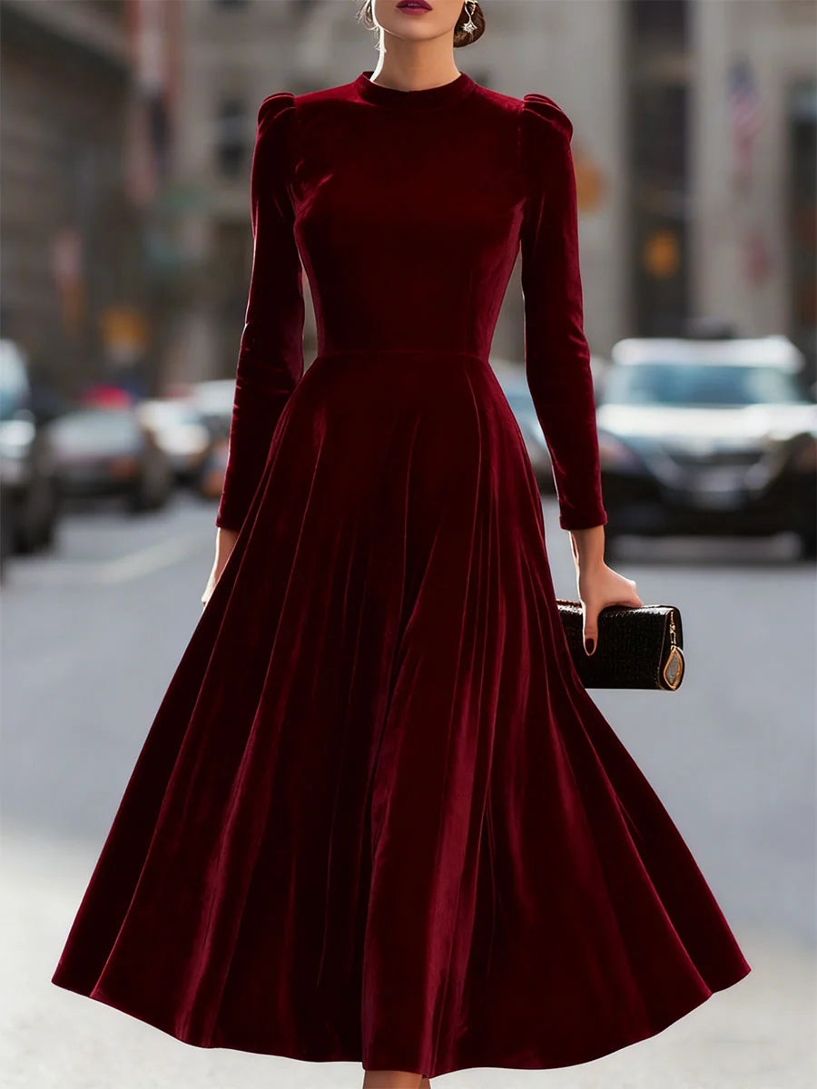 Wine Red Women's Velvet Maxi Dress with A-Line Silhouette & Puff Sleeves - Front Full