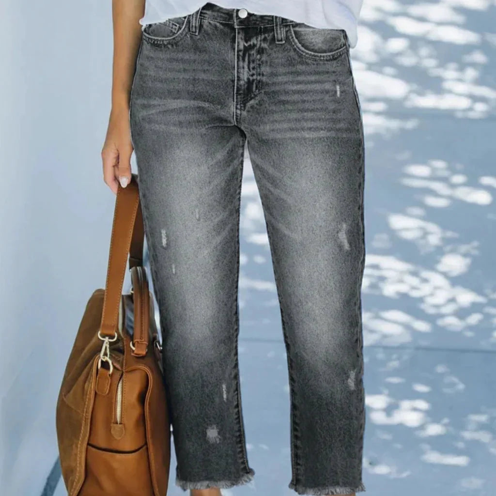 Gray Women's Vintage Cropped Straight Jeans — Martha Button-Fly High-Rise Frayed-Hem - Front Full