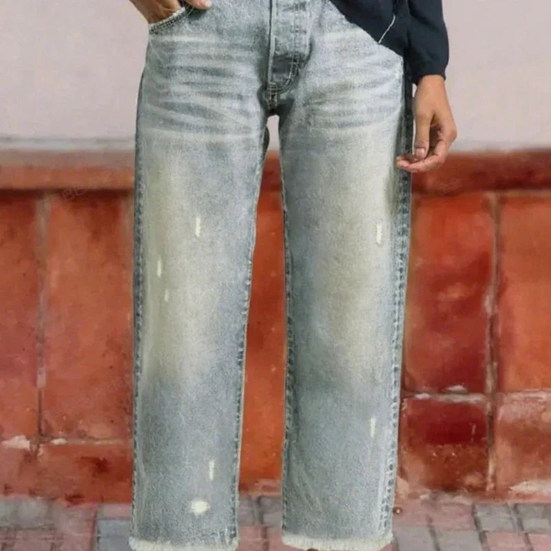 Light Blue Women's Vintage Cropped Straight Jeans — Martha Button-Fly High-Rise Frayed-Hem - Cropped Front View