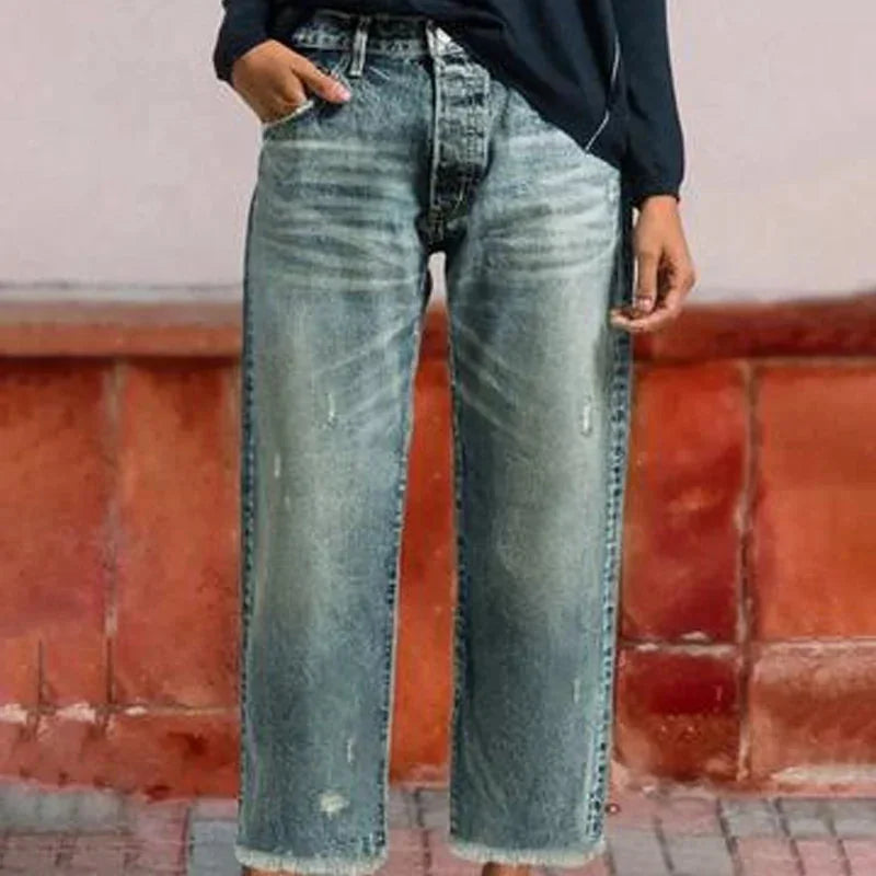 Light Blue Women's Vintage Cropped Straight Jeans — Martha Button-Fly High-Rise Frayed-Hem - Front Detail View