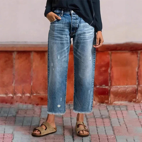 Light Blue Women's Vintage Cropped Straight Jeans — Martha Button-Fly High-Rise Frayed-Hem - Front Full