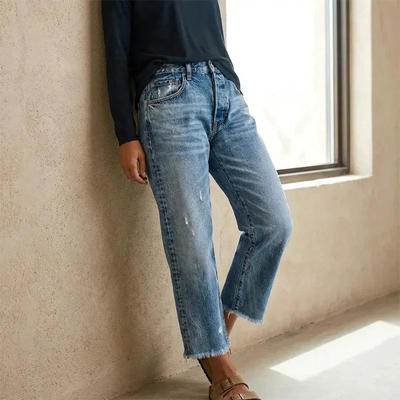 Light Blue Women's Vintage Cropped Straight Jeans — Martha Button-Fly High-Rise Frayed-Hem - Side Pose Leaning