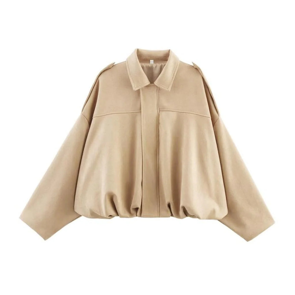 Beige Women's Vintage Faux Suede Bomber Jacket with Relaxed Oversized Fit