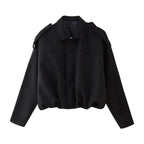 Black Women's Vintage Faux Suede Bomber Jacket with Relaxed Oversized Fit