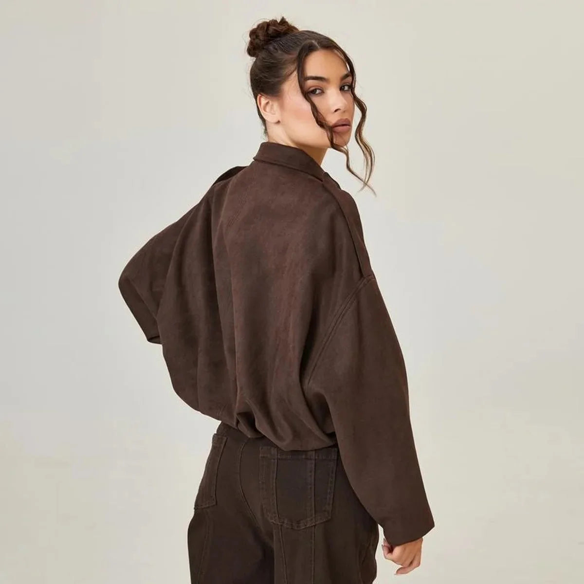Brown Women's Vintage Faux Suede Bomber Jacket with Relaxed Oversized Fit - Back Pose
