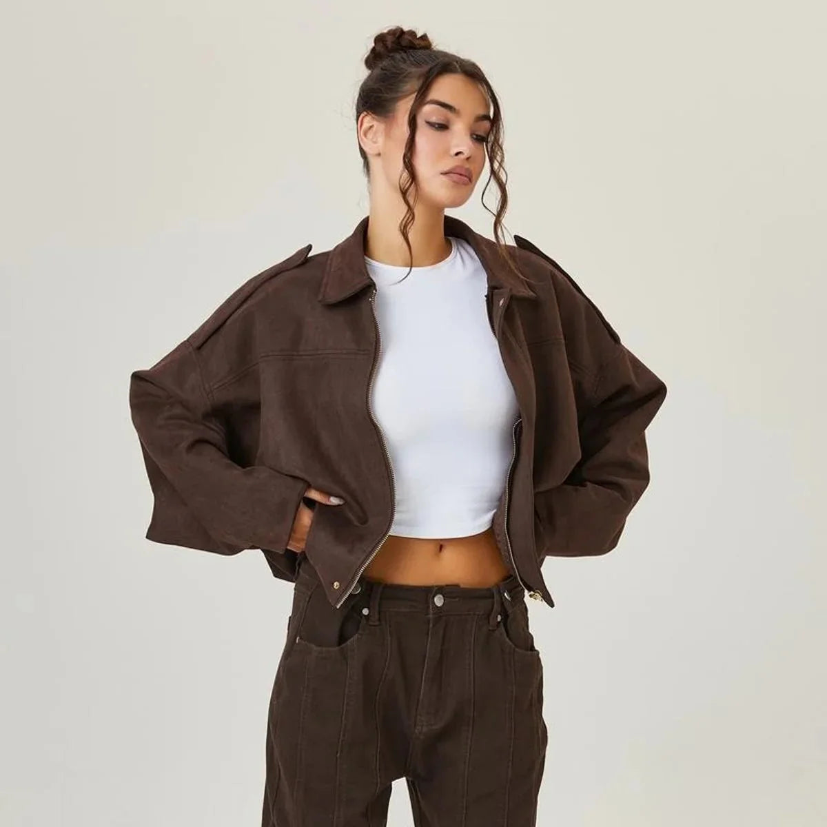 Brown Women's Vintage Faux Suede Bomber Jacket with Relaxed Oversized Fit — Vivien