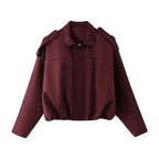 Burgundy Women's Vintage Faux Suede Bomber Jacket with Oversized Relaxed Fit