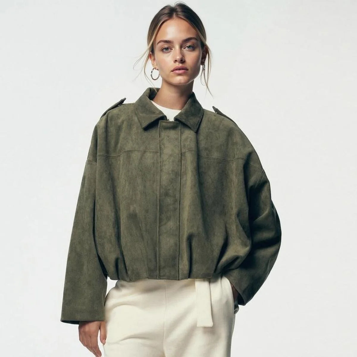 Olive Women's Vintage Faux Suede Bomber Jacket with Relaxed Oversized Fit — Vivien