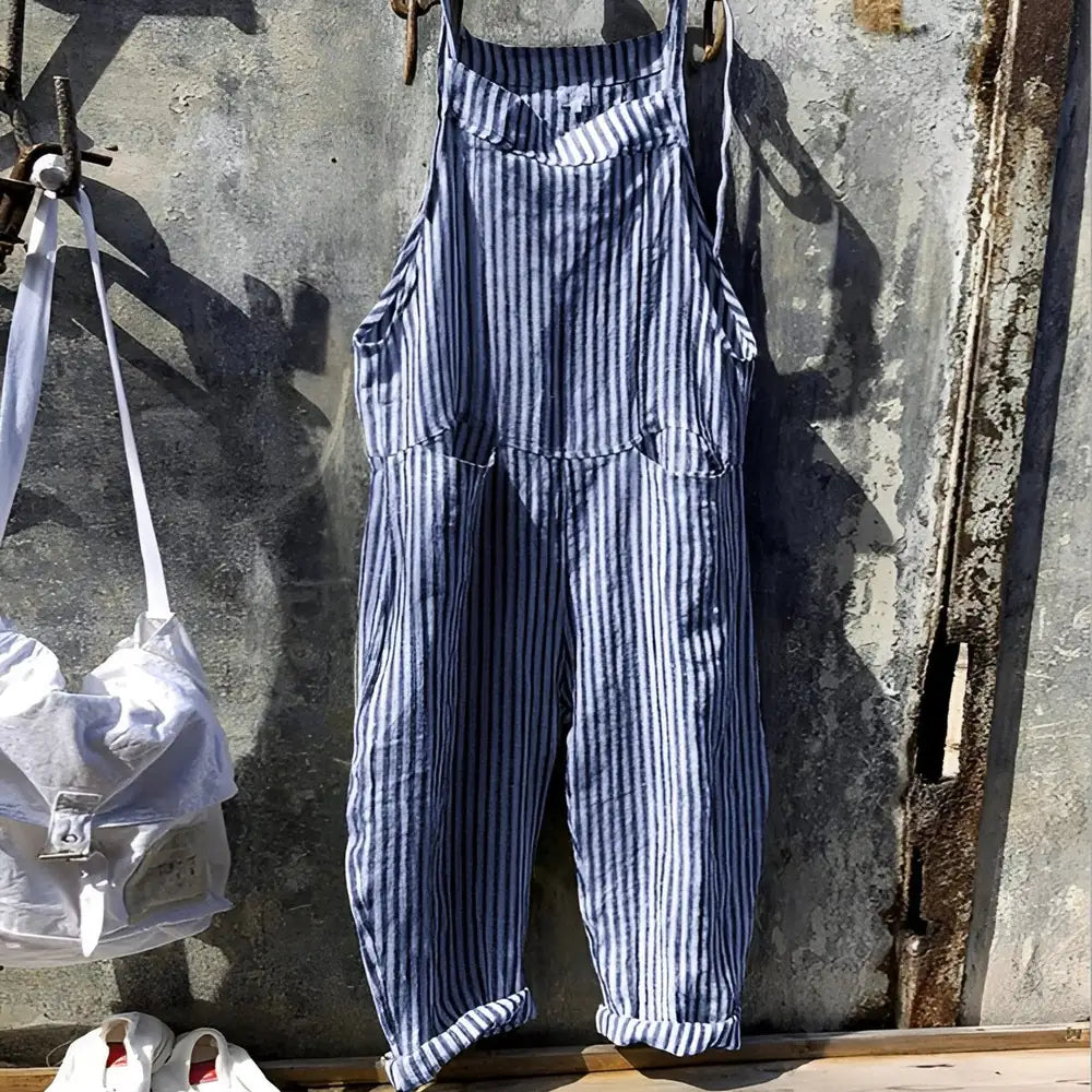 Blue Women's Vintage Striped Overall with Adjustable Straps & Relaxed Fit — Dakota