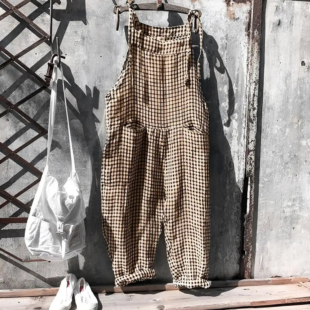 Brown Women's Vintage Striped Overall with Adjustable Straps & Relaxed Fit — Dakota