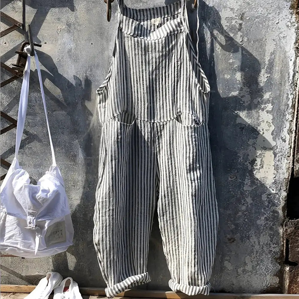 Gray Women's Vintage Striped Overall with Adjustable Straps & Relaxed Fit — Dakota
