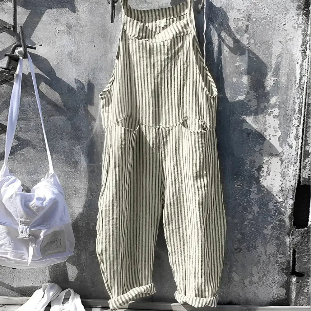 Green Women's Vintage Striped Overall with Adjustable Straps & Relaxed Fit — Dakota