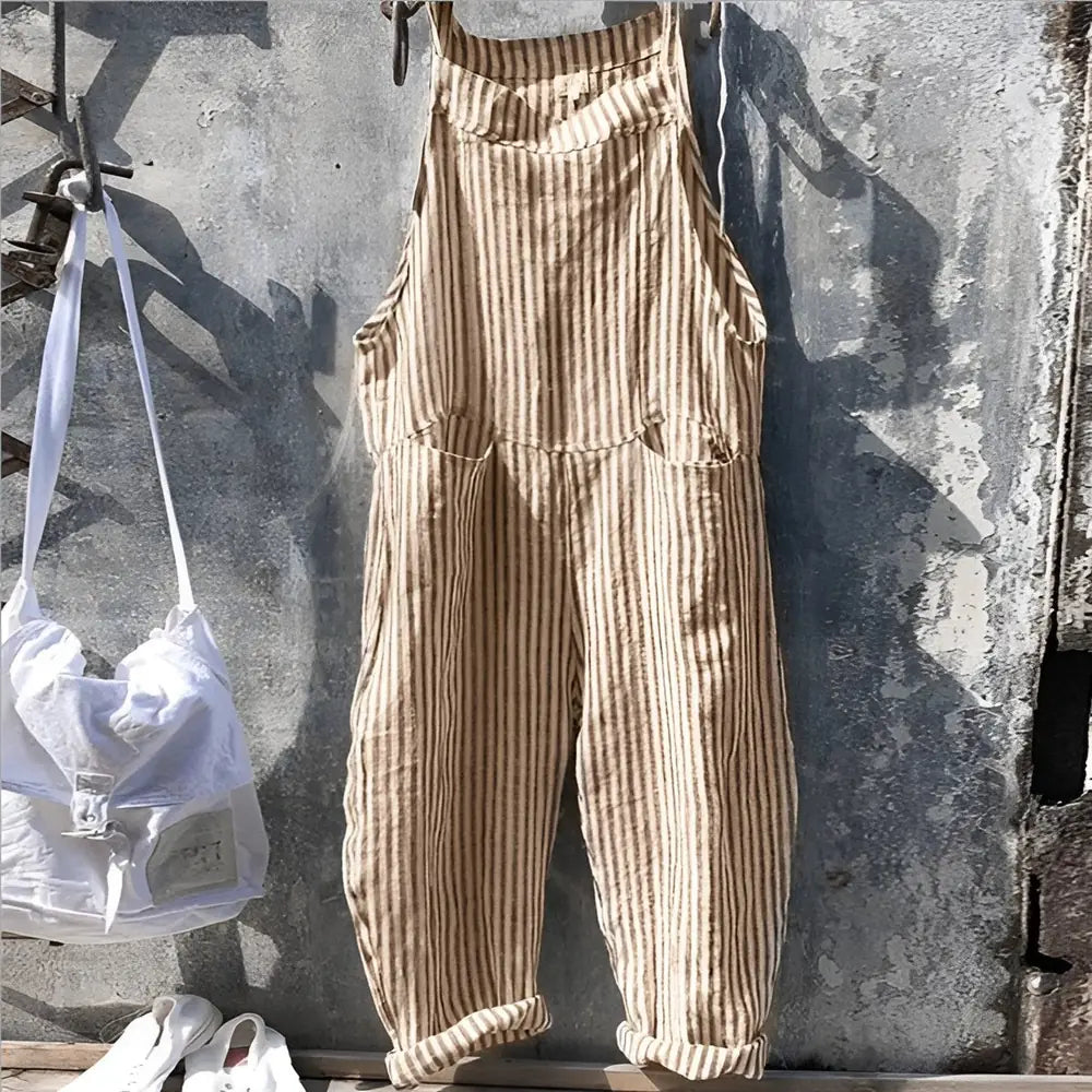 Light Brown Women's Vintage Striped Overall with Adjustable Straps & Relaxed Fit — Dakota