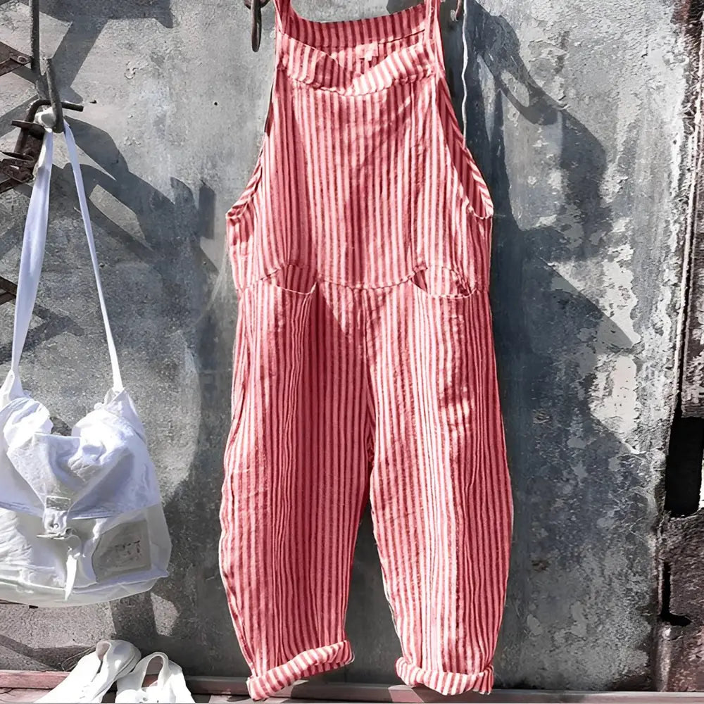 Red Women's Vintage Striped Overall with Adjustable Straps & Relaxed Fit — Dakota