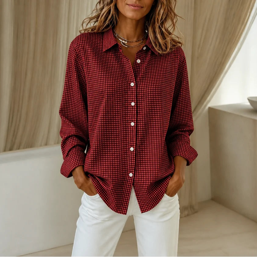 Burgundy Women's Vintage Plaid Shirt with Relaxed Linen Fit