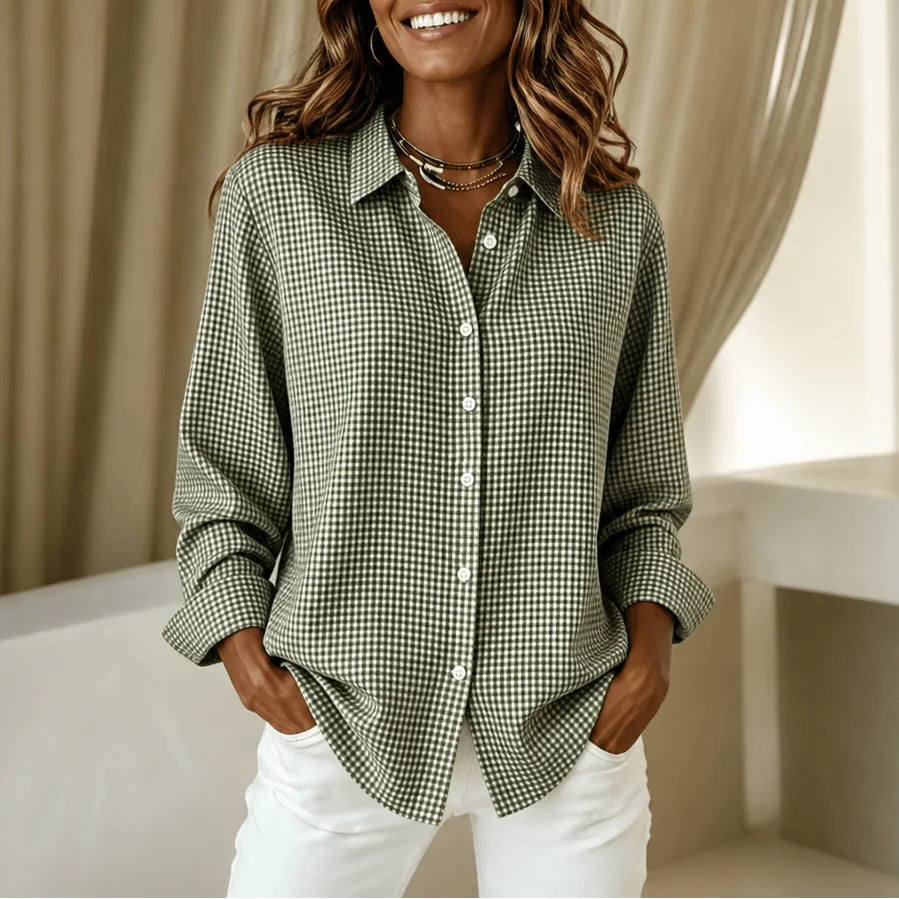Green Matcha Women's Vintage Plaid Shirt with Relaxed Linen Fit