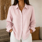 Women's Vintage Plaid Shirt with Relaxed Linen Fit - Close Up Neckline